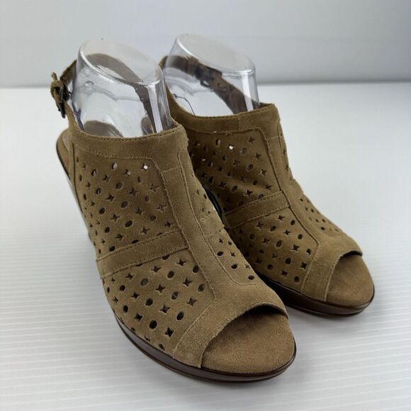 Aerosoles Women’s 8.5 Brown Suede Peep Toe Slingback Heels Cutout Sandals - Picture 6 of 12